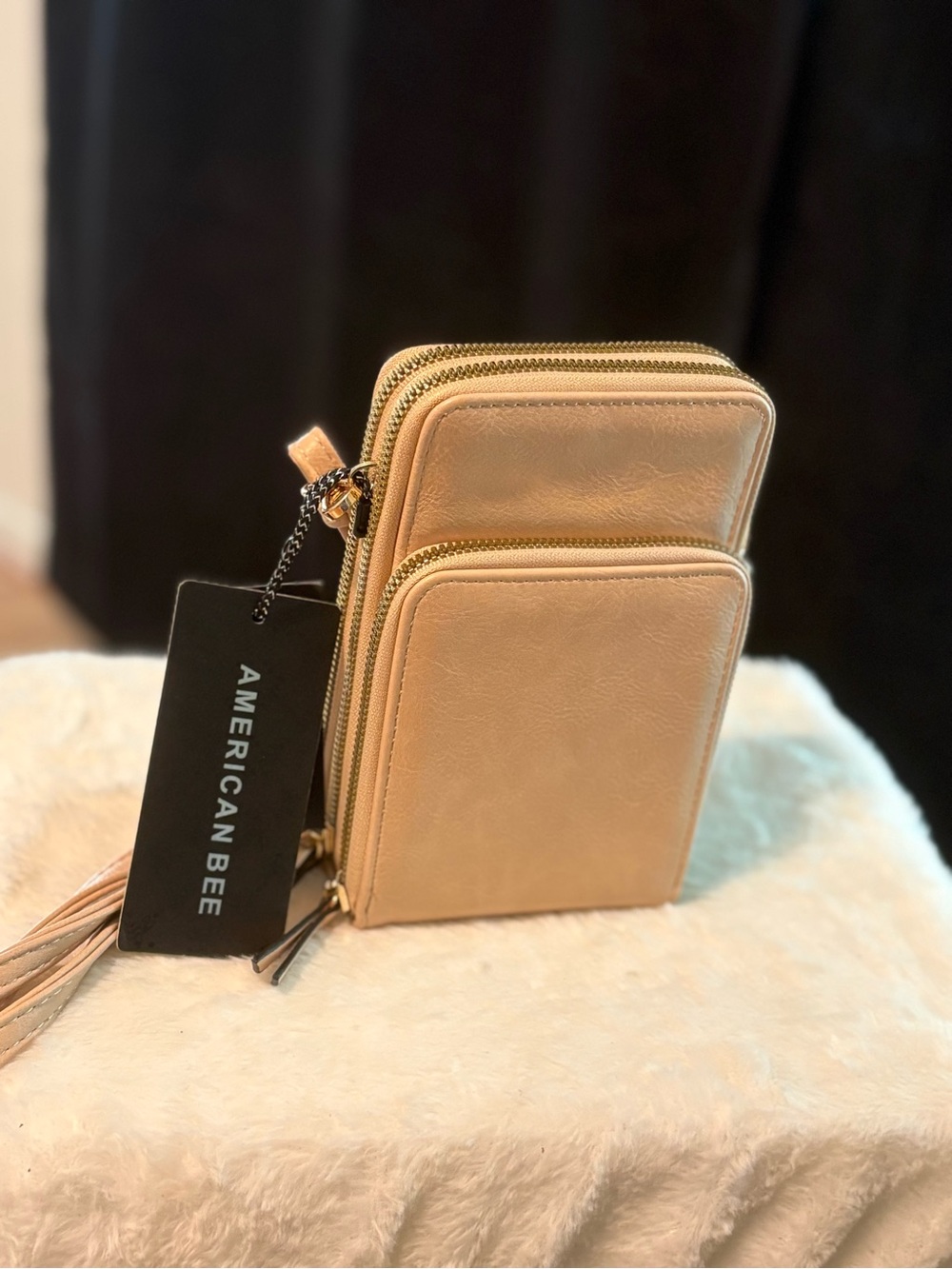 American Bee Tan Crossbody Wallet with Tassel